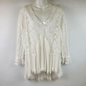 --SOLD---Blue B White Lacey Boho Sheer Tunic Large